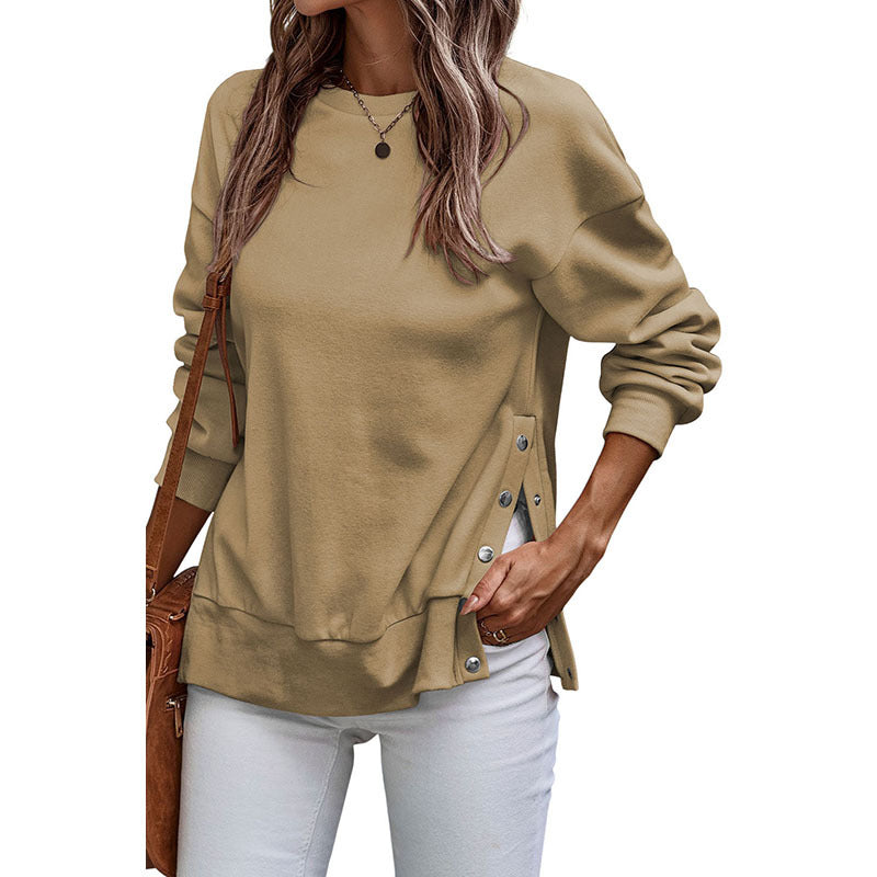 Solid Color Pullover Women's European And American Leisure Style Slit Loose Flab Hiding Long Sleeve Bathroom