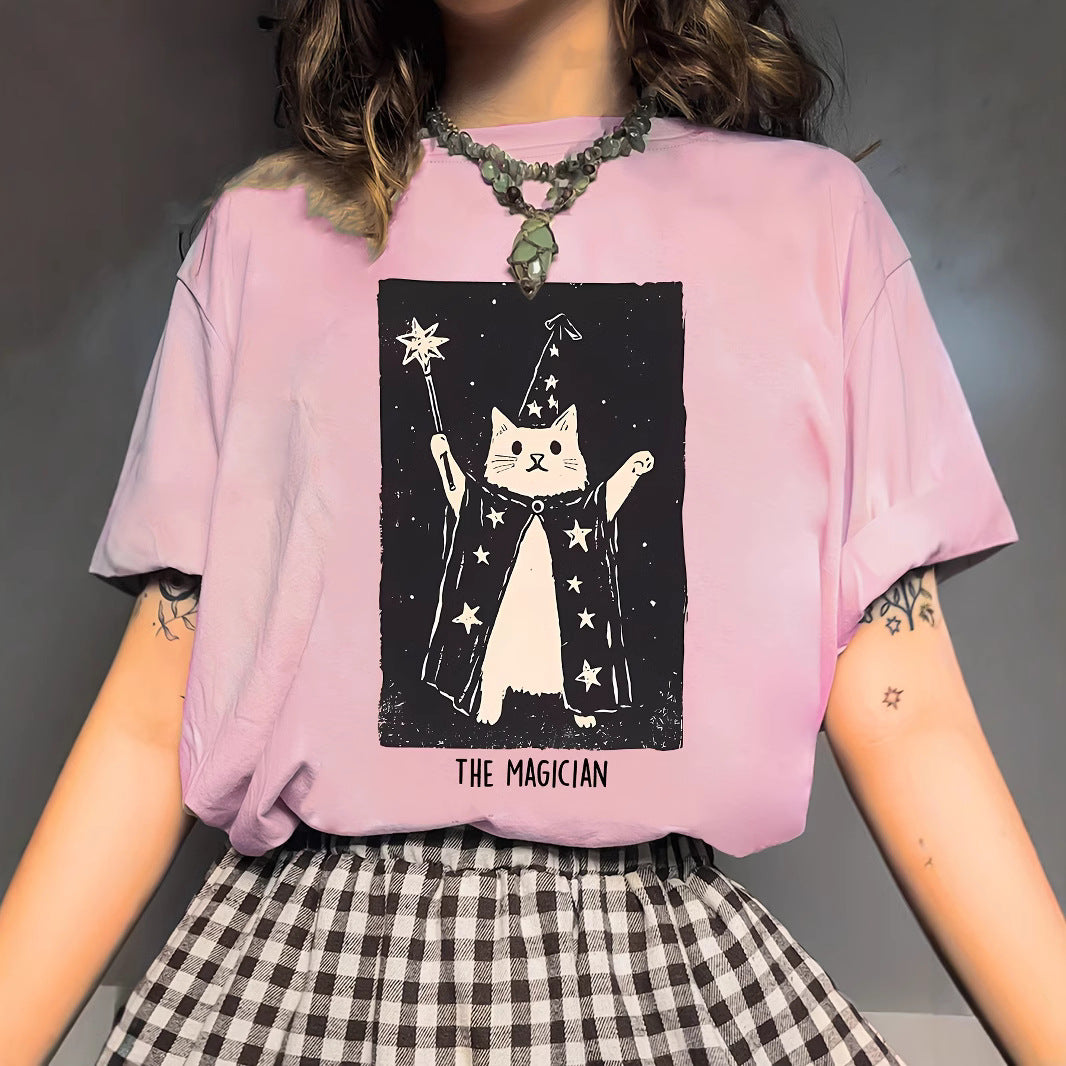 Kvinders Magiske Kat Sød Kortærmet T-shirt med Print