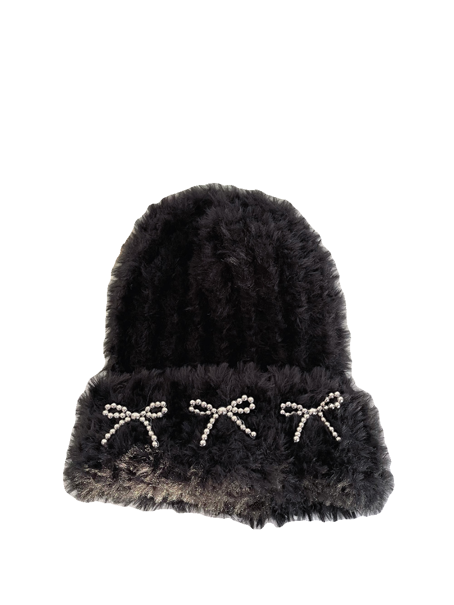 Autumn And Winter Thick Warm Soft Glutinous Knitted Bow Plush Bonnet For Women