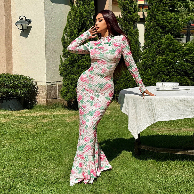 YJ24427 Elegant Long-Sleeved Slim-Fit Long Printed Dress