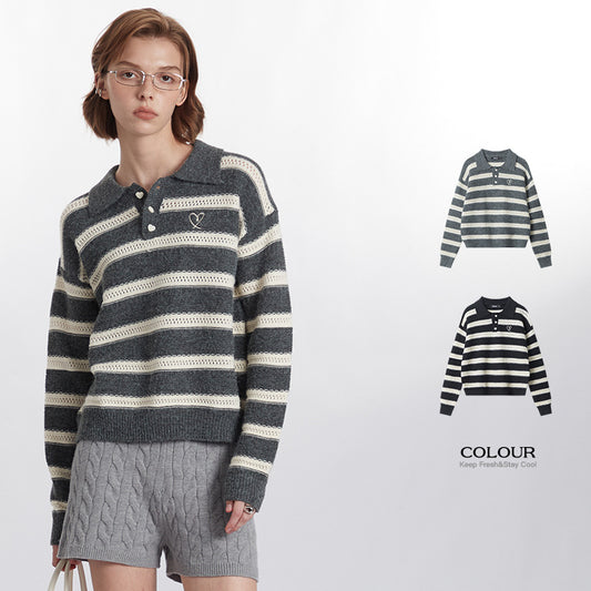 European And American Contrast Color And Versatile Knitwear Autumn Vintage Stripe Design Top