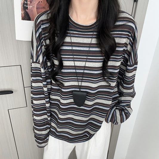 Stribet Rundhalset Indersweater Dame Løs T-shirt