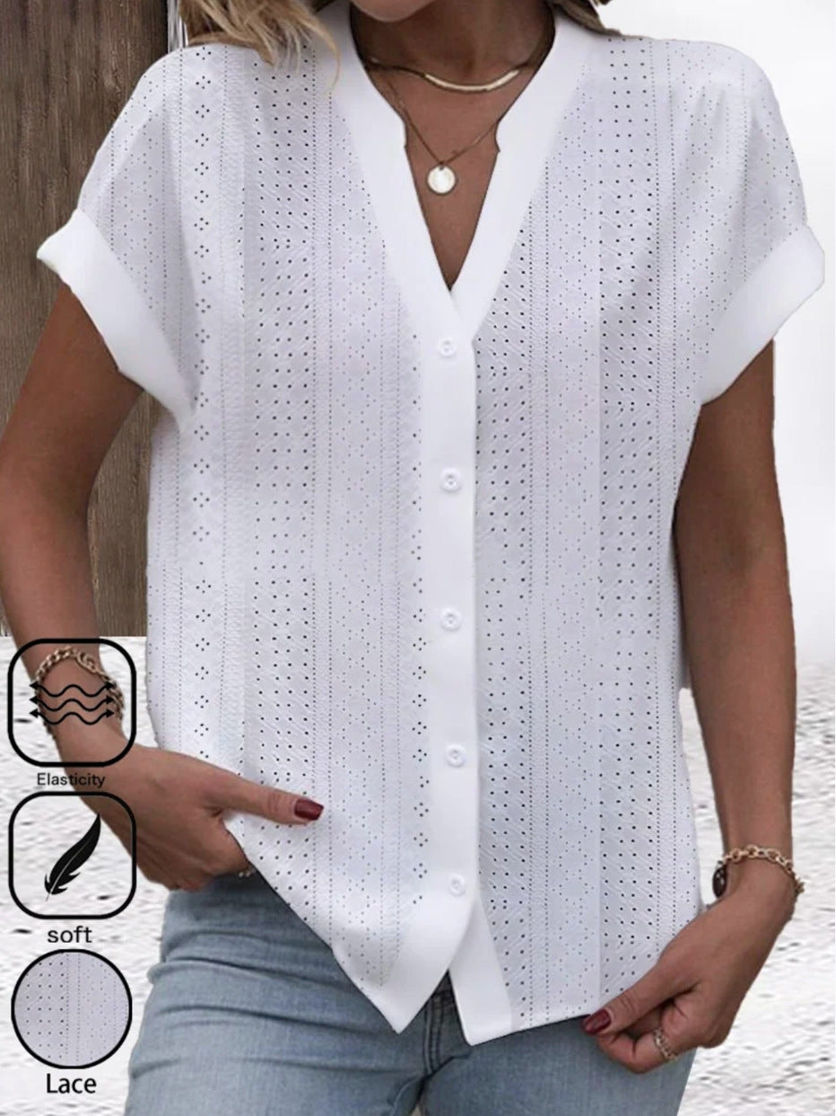 Summer Simplicity Casual V-neck Solid Color Shirt For Women