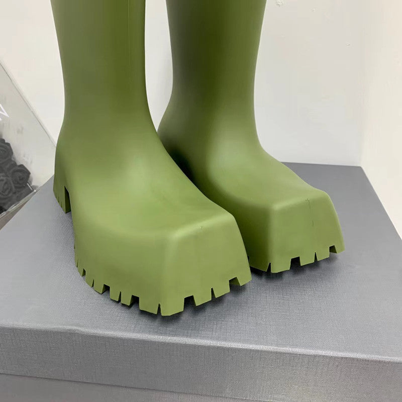 Rain Boots Men's And Women's Square Toe Mid Thick Sole