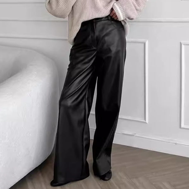 Retro Casual Black Leather Pants
