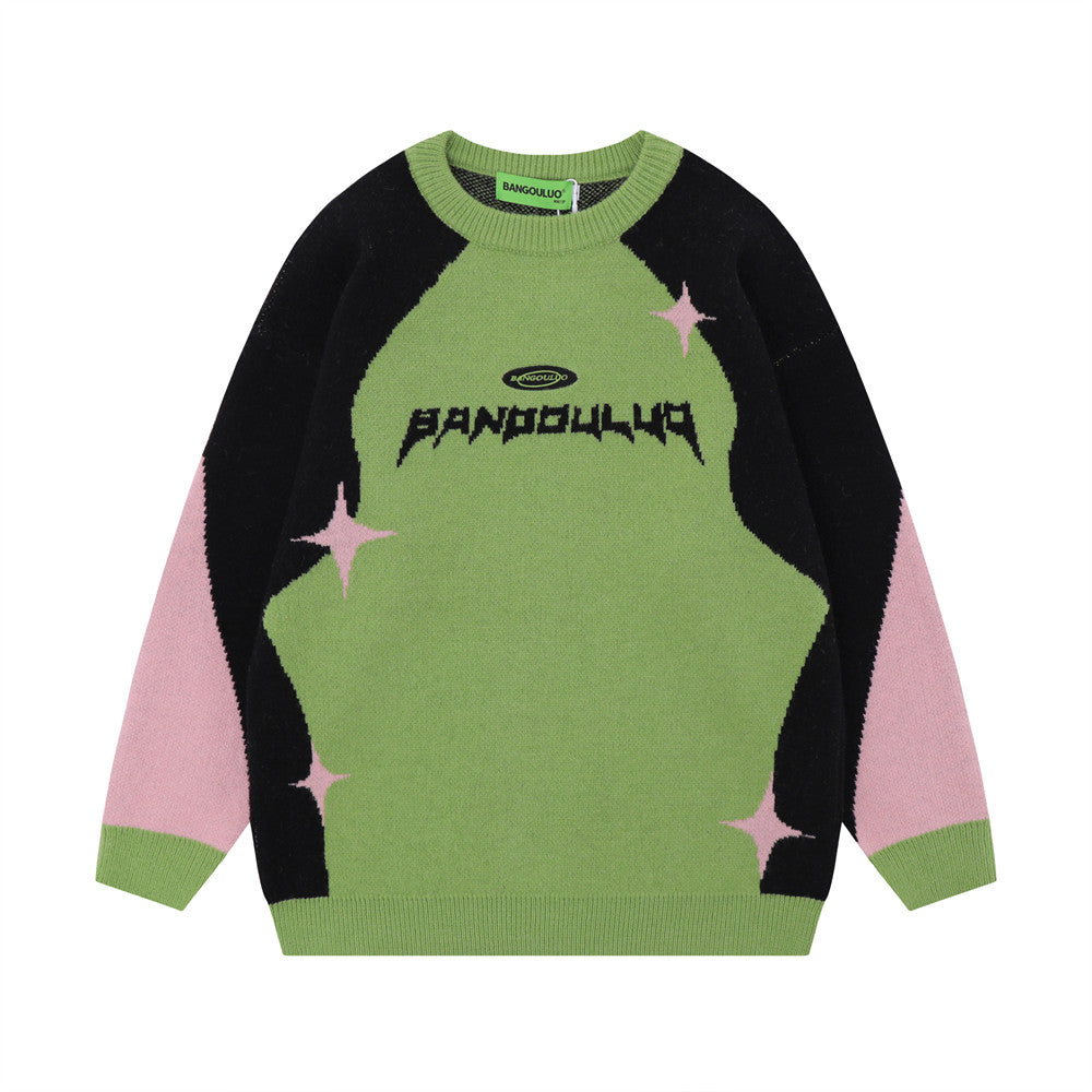 National Fashion Stitching Contrast Color Jacquard Round Neck Sweater