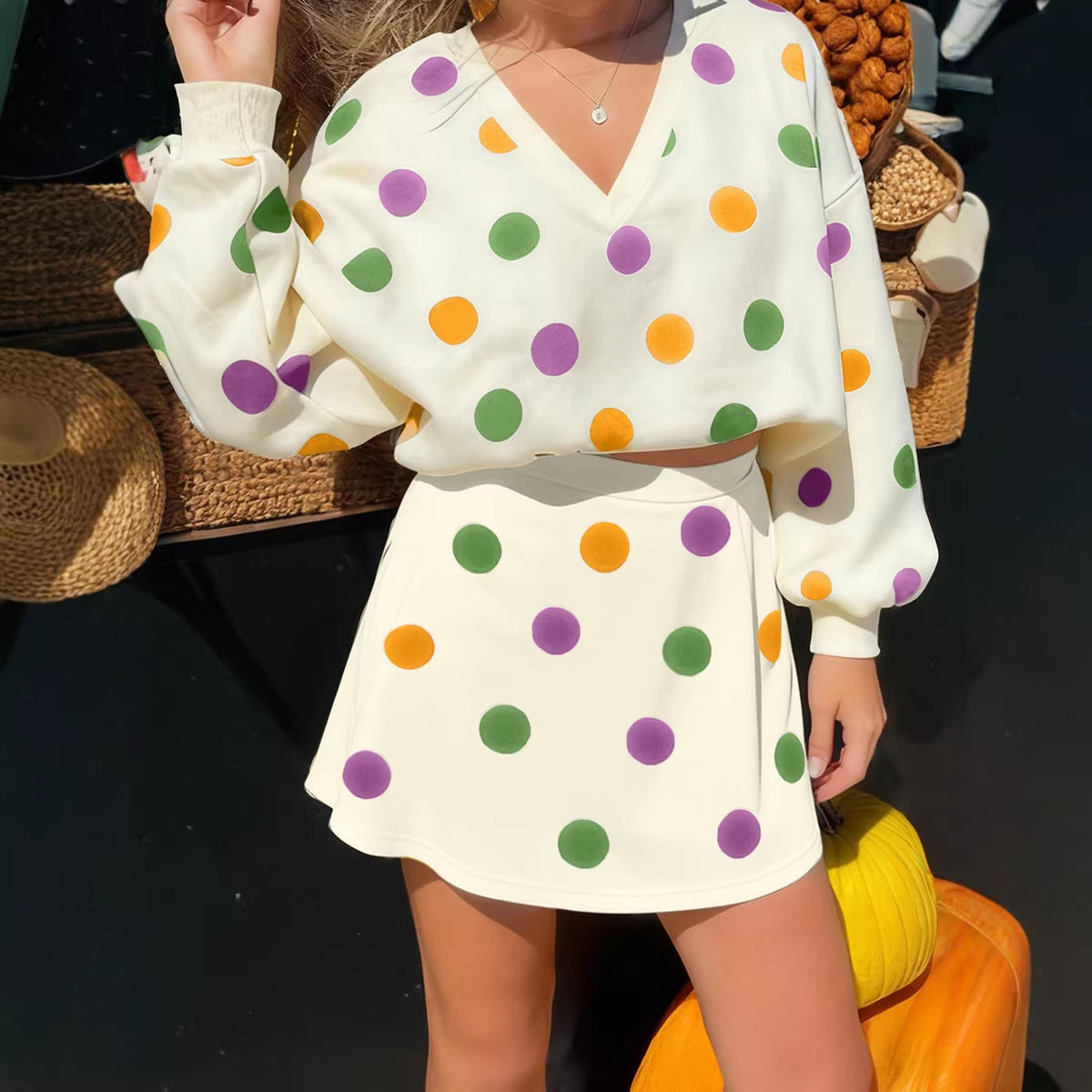 Womens European And American-style Chic Casual Set With A Polka-dot Print