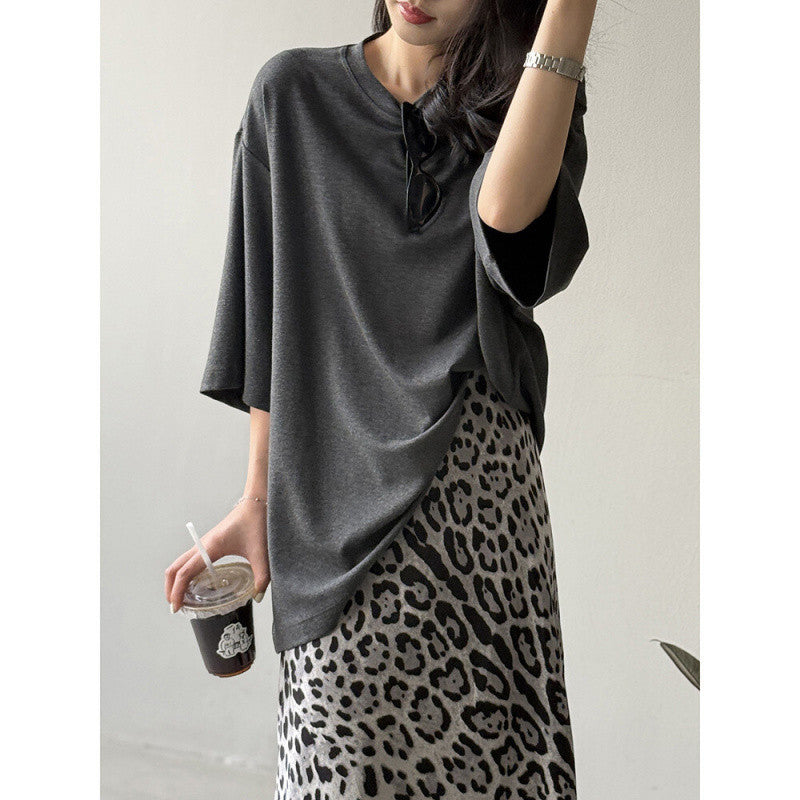 Womens Relaxed American-style Crew-neck Short-sleeve T-shirt