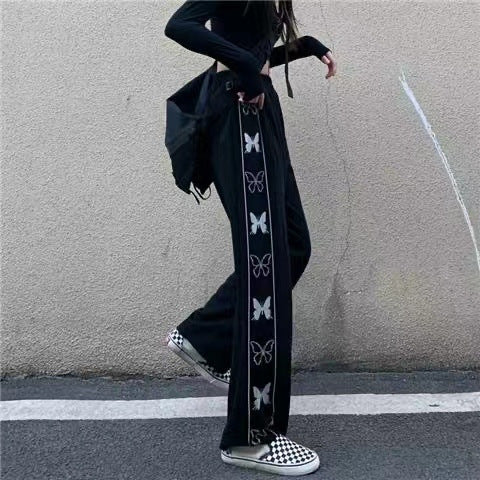 Spring And Autumn Korean Style INS Trendy Retro Butterfly Print Large Size Wide Leg Casual Trousers