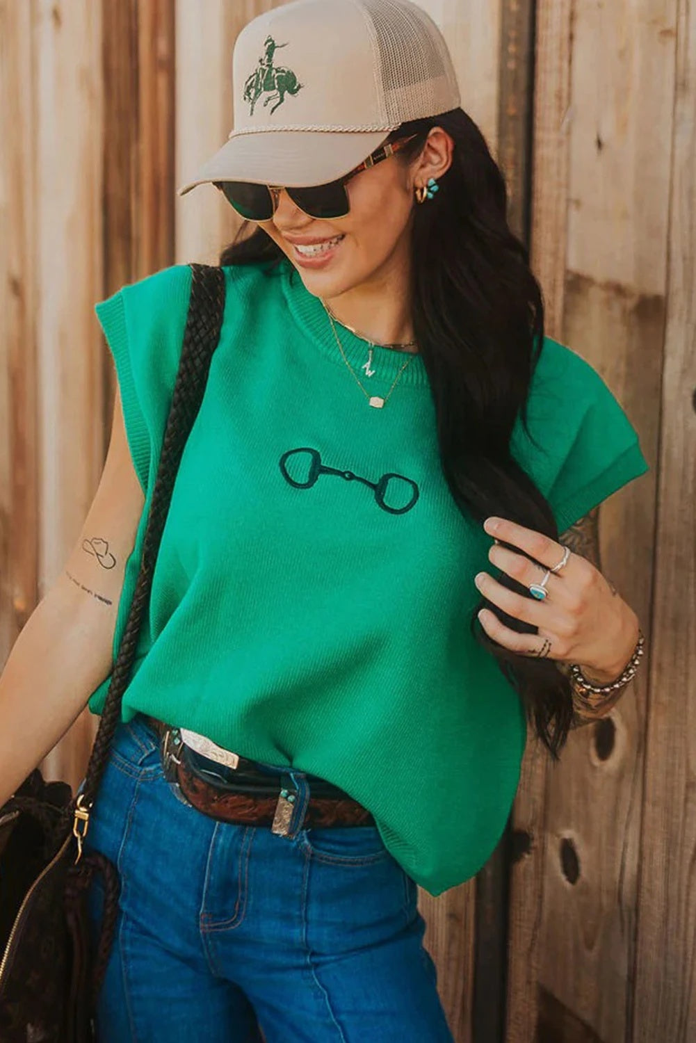 Bright Green Horsebit Embroidery Loose Sweater With Short Sleeves