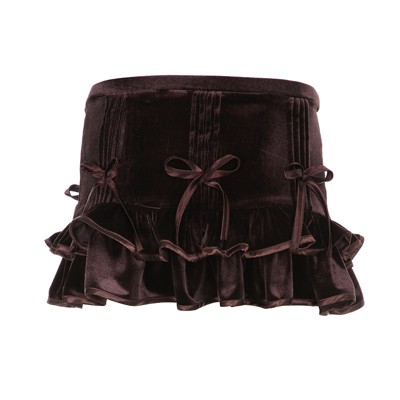 European And American Retro Brown Bow Bandage High Waist Velvet Skirt