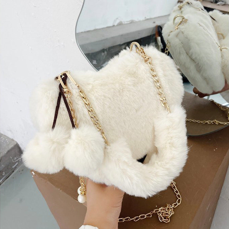 Women's Fashion Love Imitation Rex Rabbit Plush One-shoulder Crossbody Bag