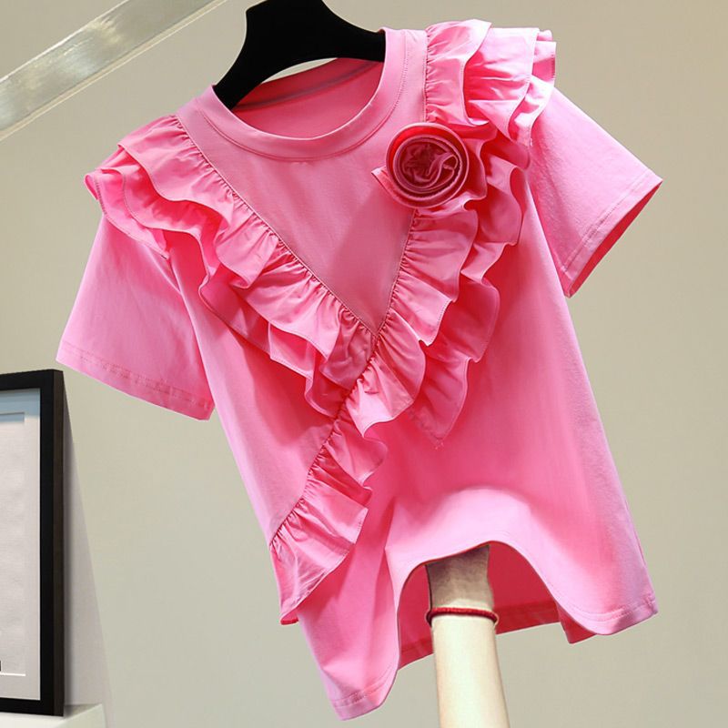 Women's Loose Slimming Flounce All-match Solid Color Short Sleeve