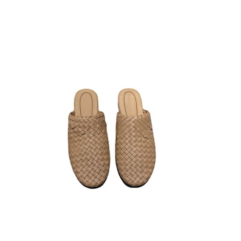 Round Head Sheepskin Woven Toe Half Slippers