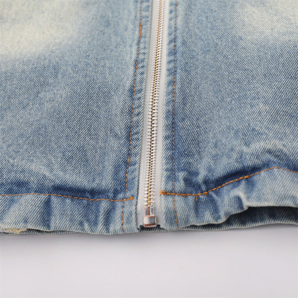 European And American Fashion Loose Contrast Color Lapels Washed And Worn Denim Jacket