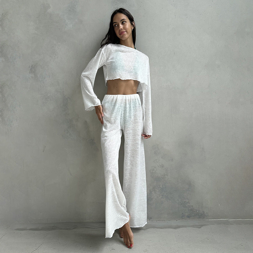 Women's Knitted Crew-Neck Pajama Set With Long Sleeves And Long Pants Two Pieces