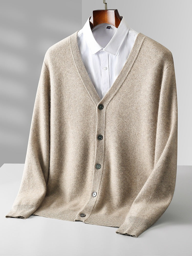 Pure Wool Cardigan Men's V-neck Solid Color Long Sleeve