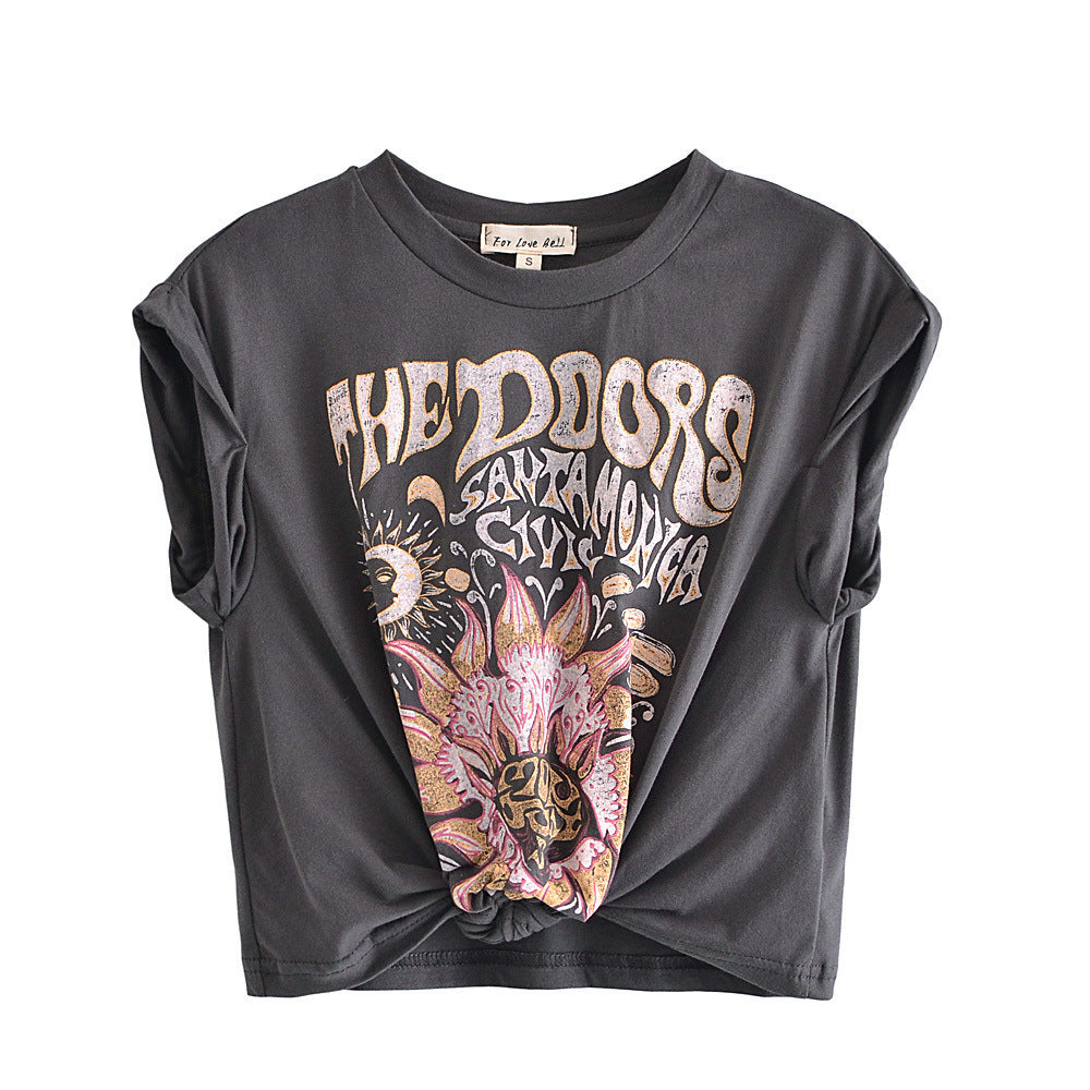 Women's Round Neck Short Sleeve Hem Bow Tie Printed T-shirt