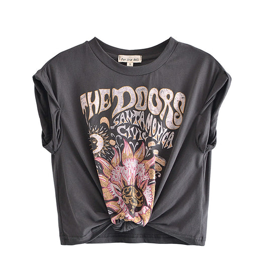 Women's Round Neck Short Sleeve Hem Bow Tie Printed T-shirt