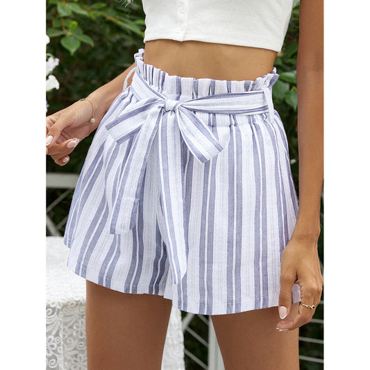 Women's Pants High Waist Belted Striped Wide Leg Shorts