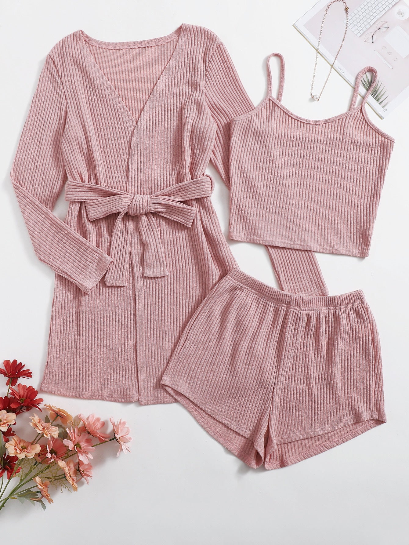 Lady Temperament Casual Solid Color 3-piece Set Suspender Shorts Homewear Suit