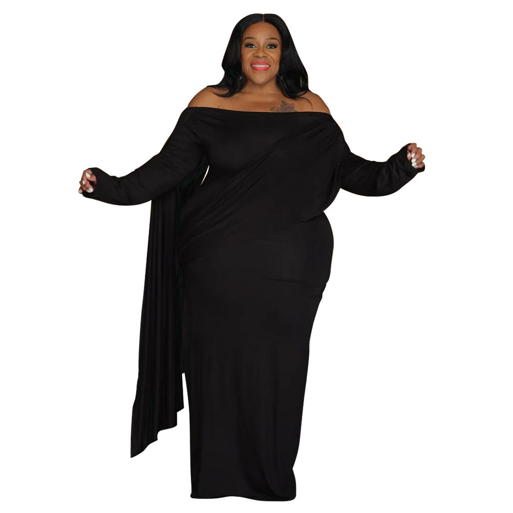 Womens Off-the-Shoulder Long-Sleeve Pleated Bodycon Plus-Size Dress