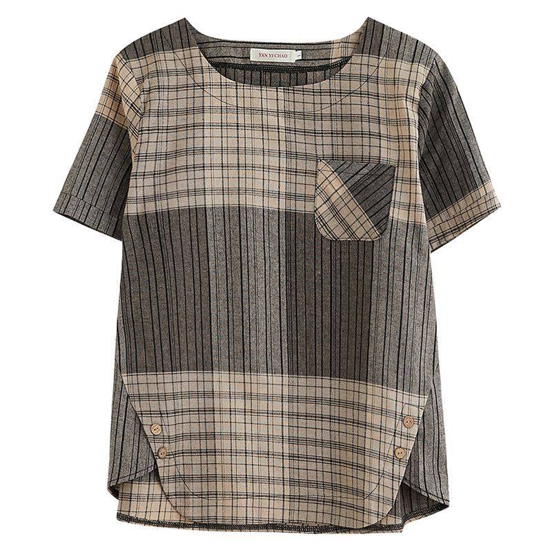 Artistic Plaid Cotton And Linen T-shirt Wear Pullover Round Neck Short Sleeve Top