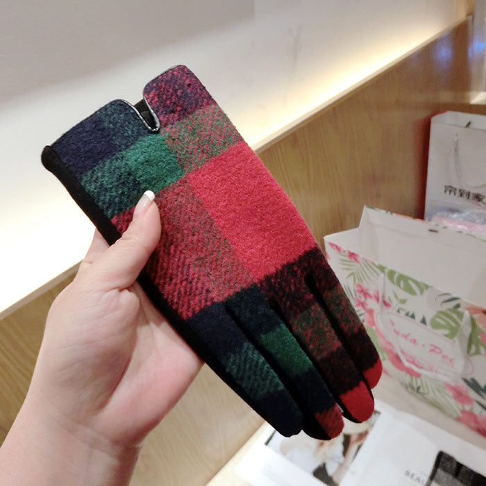 Color Plaid Wool Plus Velvet Thick Five-finger Gloves