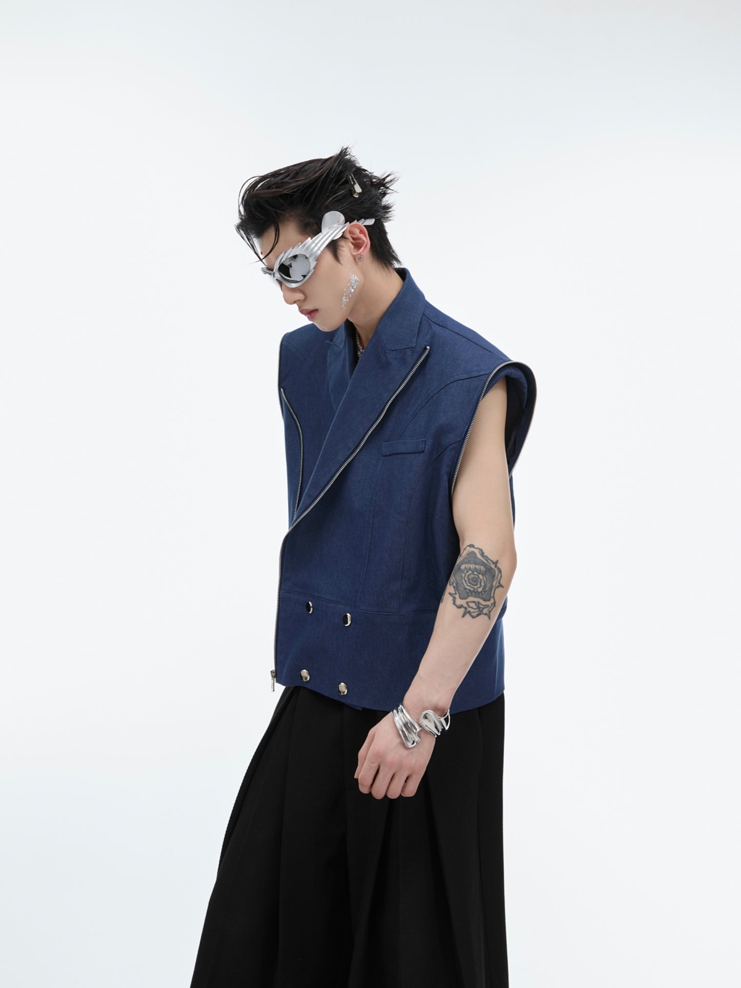 Metal Zipper Detachable Short Sleeve Denim Coat