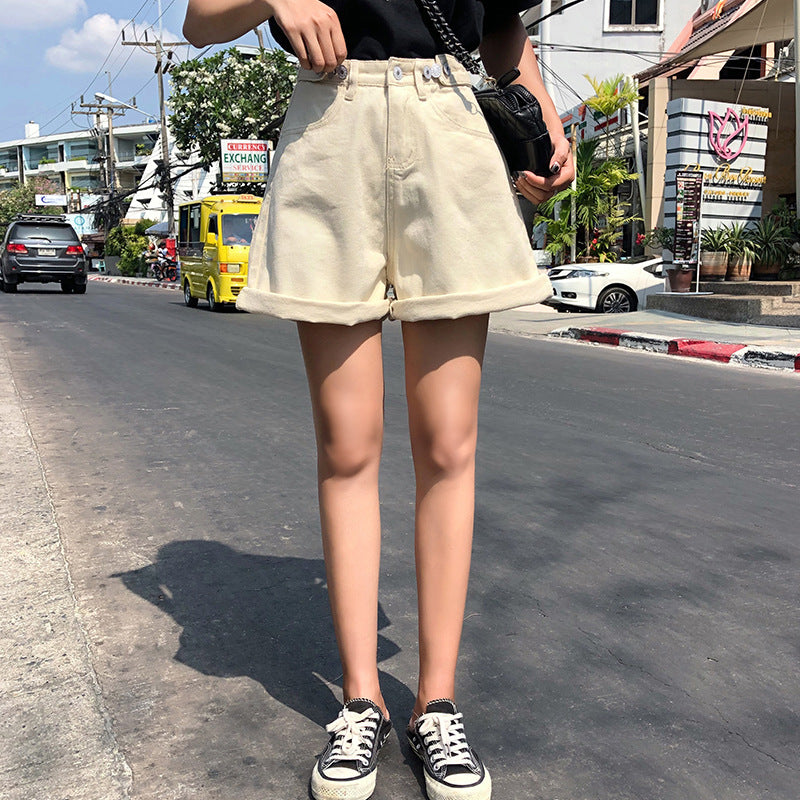 Five-point Rolled-up Wide-leg High-waisted Denim Shorts