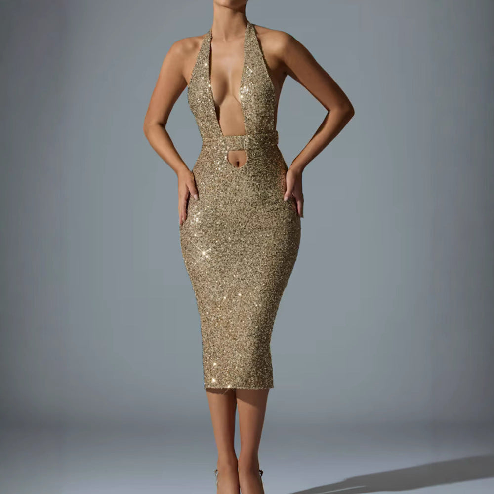 Deep-V Halter Sequin Bodycon Hollow-Out Dress
