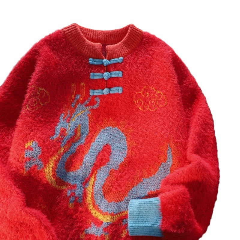 Sweater til mænd med spænde i kinesisk stil og Drageårstema
