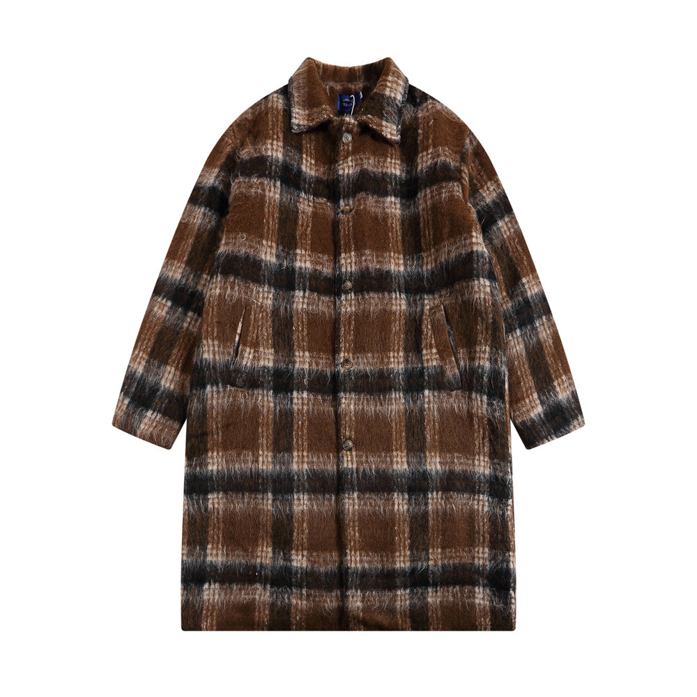 Plaid Woolen Men's Winter Cotton Padded Lapel Loose Mid-length Overknee Coat