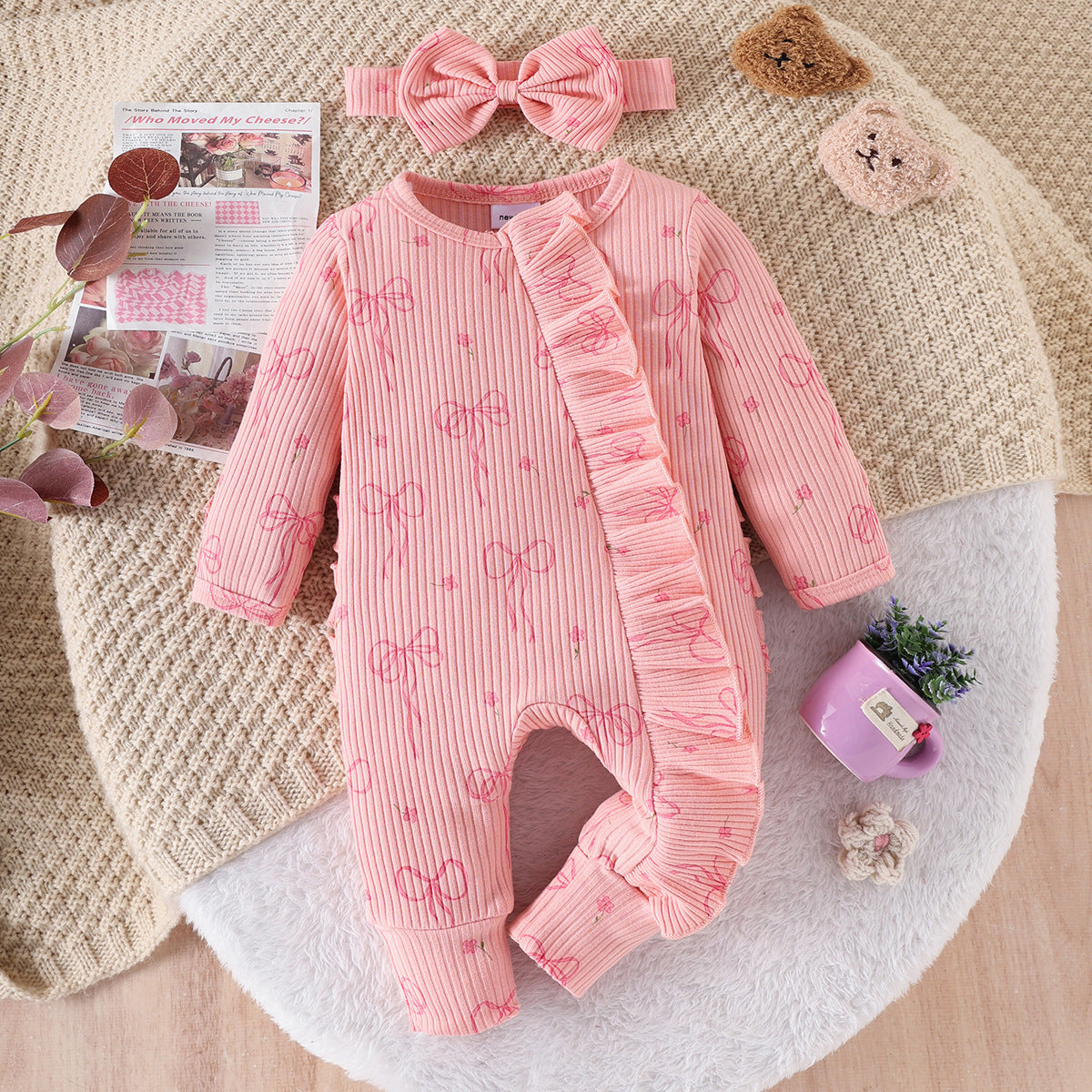 Baby Creative Bowknot Printed Long Sleeve Jumpsuit Suit