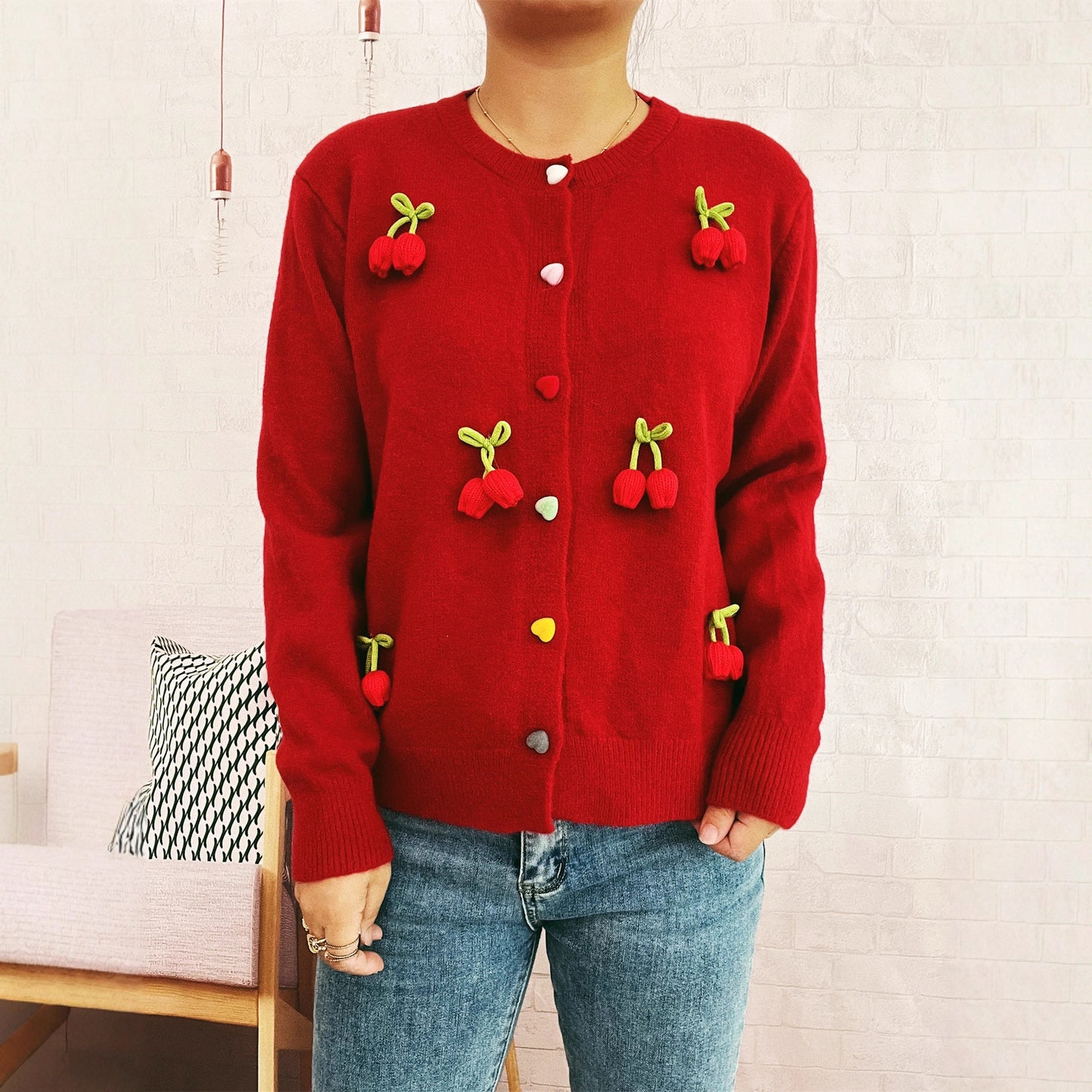 Three-dimensional Decoration Flower Cute Style Knit Casual Valentine's Day Sweater