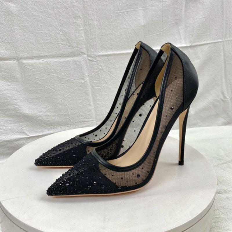 New Breathable Mesh Diamond High Heels 12CM Pointed Women's Shallow Mouth Stiletto Heels