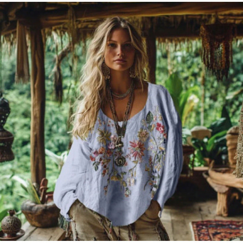 Womens 3D-printed Crew-neck Long-sleeve Retro Bohemian Top