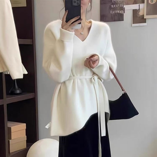 French Style Sweater Women's Mid-length Lazy Design Lace-up