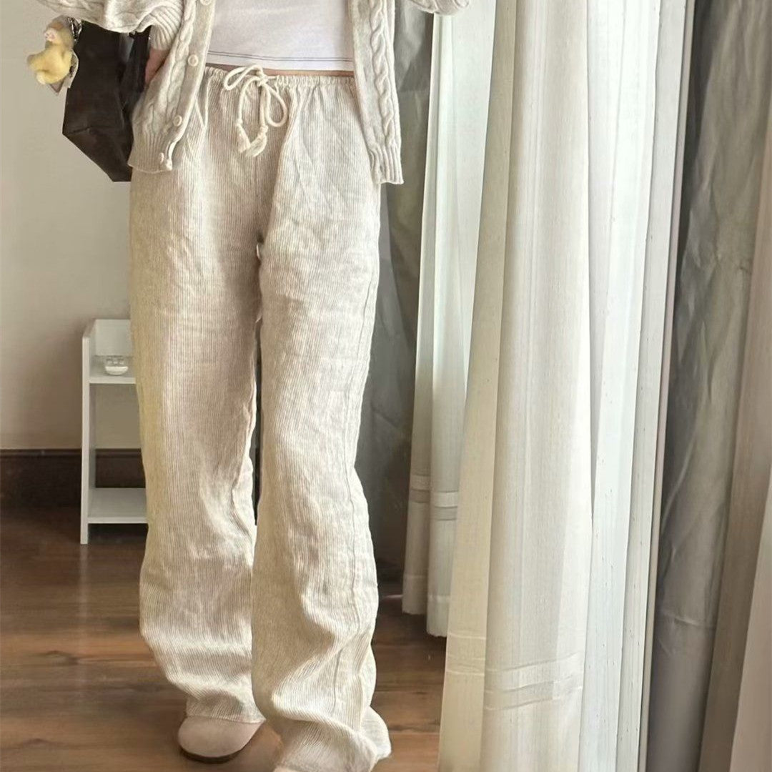 Cotton And Linen High Waist Loose Striped Lace-up Elastic Waist Wide Leg Pants