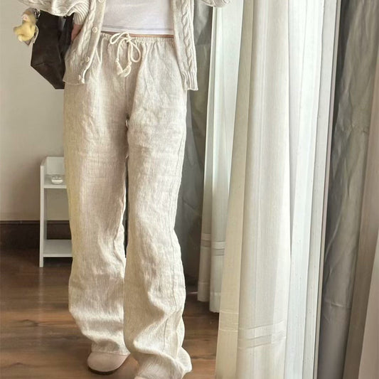 Cotton And Linen High Waist Loose Striped Lace-up Elastic Waist Wide Leg Pants