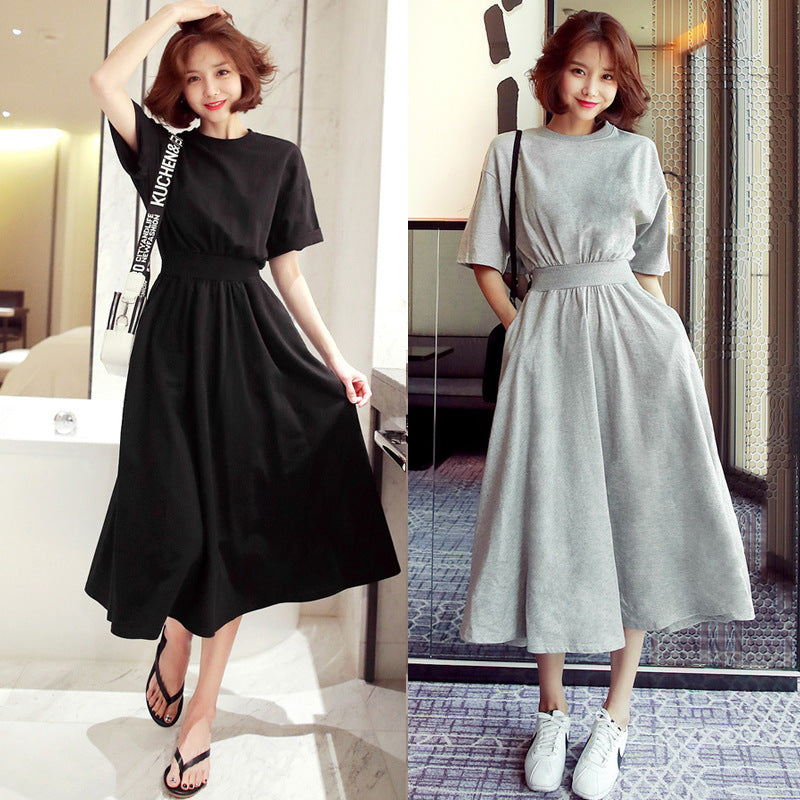 Slimming Defined Waist High-Waisted Round Neck Long Dress
