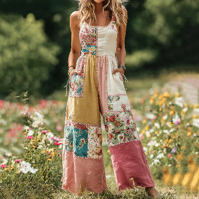 Women's Fresh And Sweet Digital Print Button Suspender Casual Pants