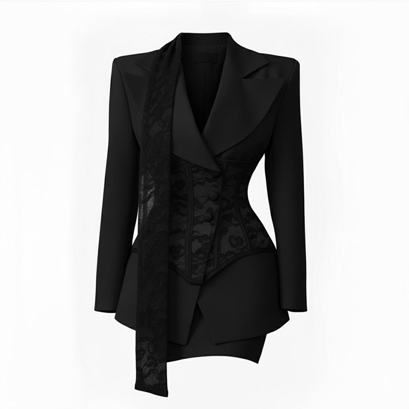 Ladies Elegant Tie Blazer And Skirt Set