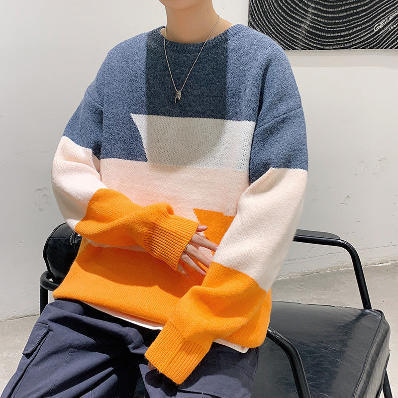 Men's Color Block Loose Round Neck Sweater