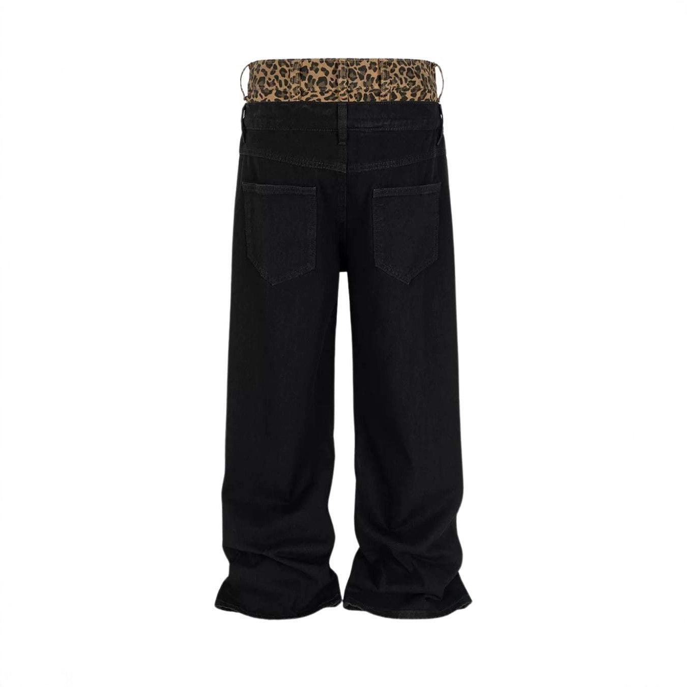 American-style Vintage Leopard-print Patchwork Faux Two-piece Jeans