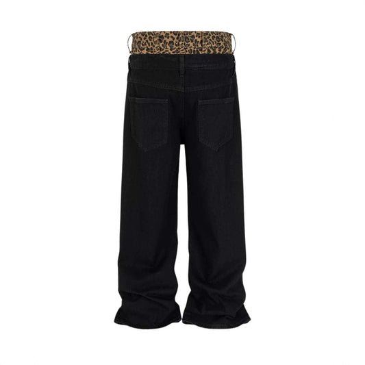 American-style Vintage Leopard-print Patchwork Faux Two-piece Jeans