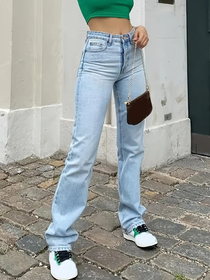 Dame Europa Og Amerika Grænseoverskridende Lyseblå Slim Fit Højtaljede Stretch Jeans