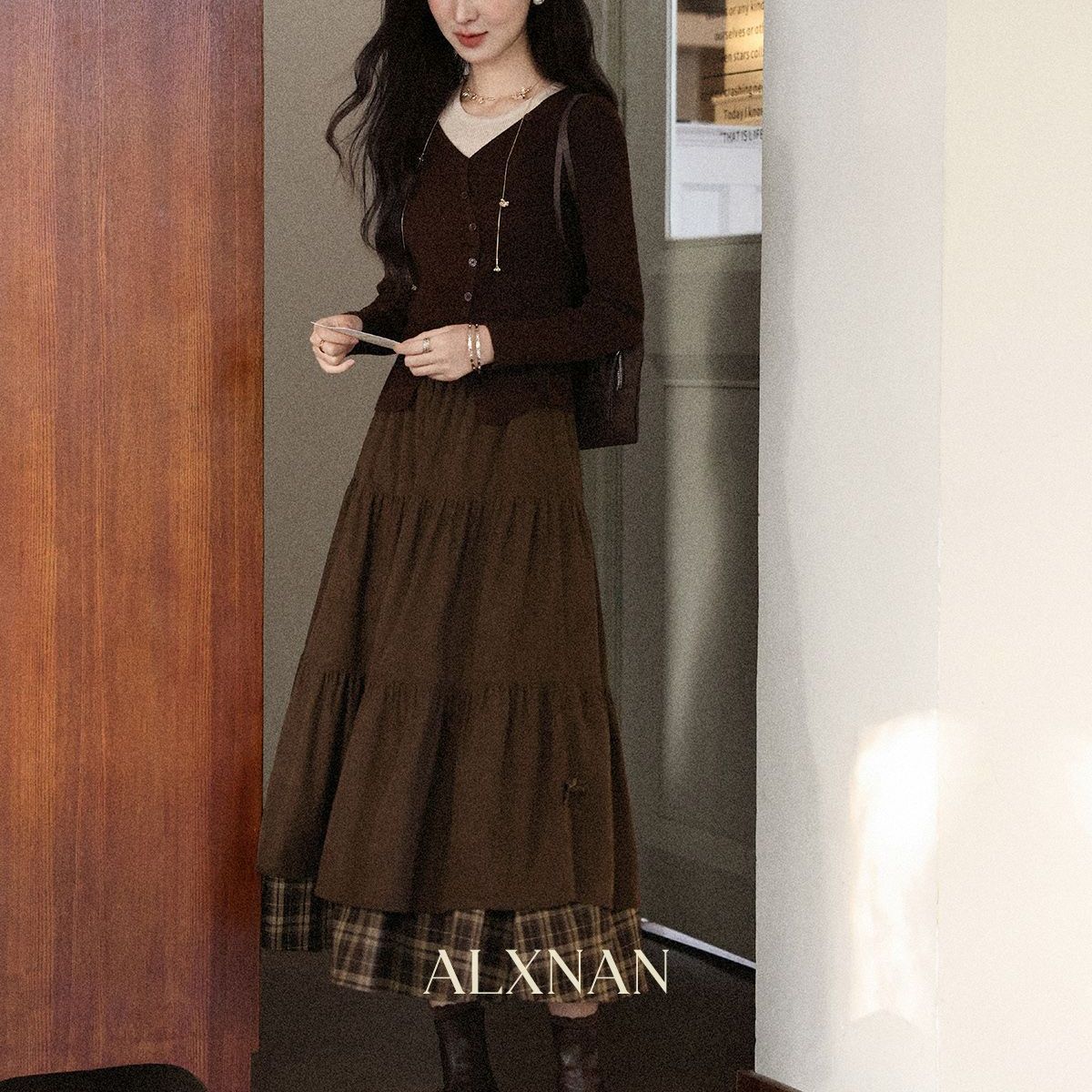 Thickened Japanese-style High-waisted Slimming Bow A-line Long Skirt