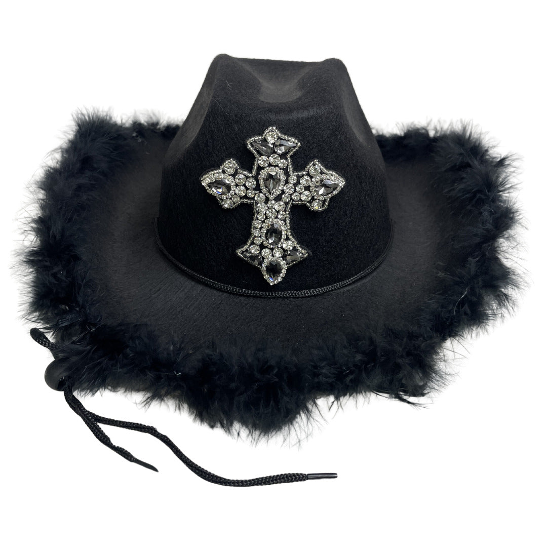 Rhinestone Burr Cowboy Hat Diamond Cross Black Performance Cap