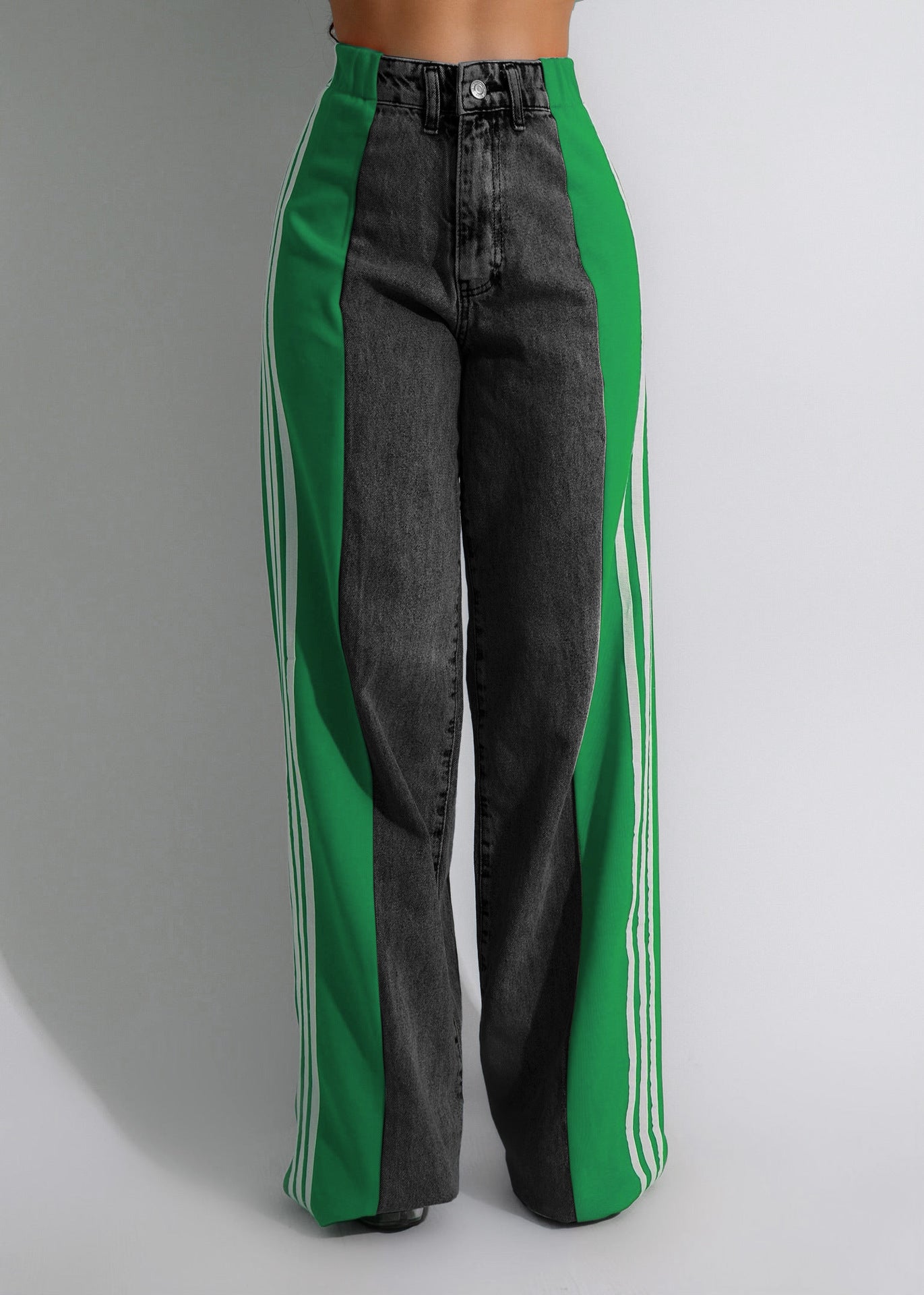 Summer Fashion Stitching Three Striped Wide Leg Denim Trousers For Women